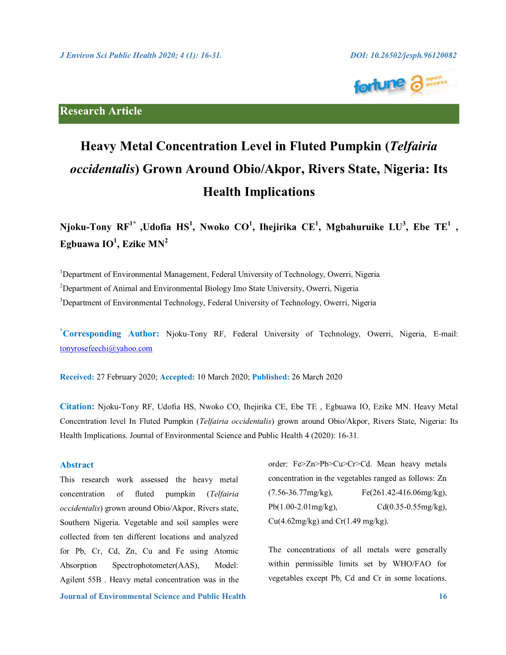 Grown Around Obio/Akpor, Rivers State, Nigeria: Its Health Implications