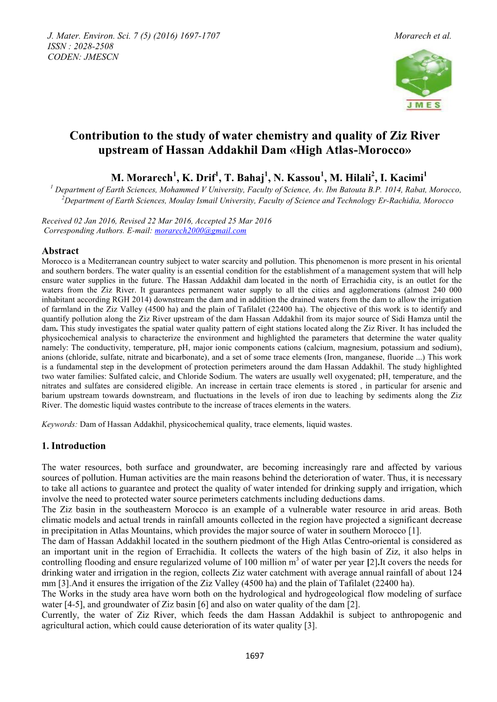 Contribution to the Study of Water Chemistry and Quality of Ziz River Upstream of Hassan Addakhil Dam «High Atlas-Morocco»