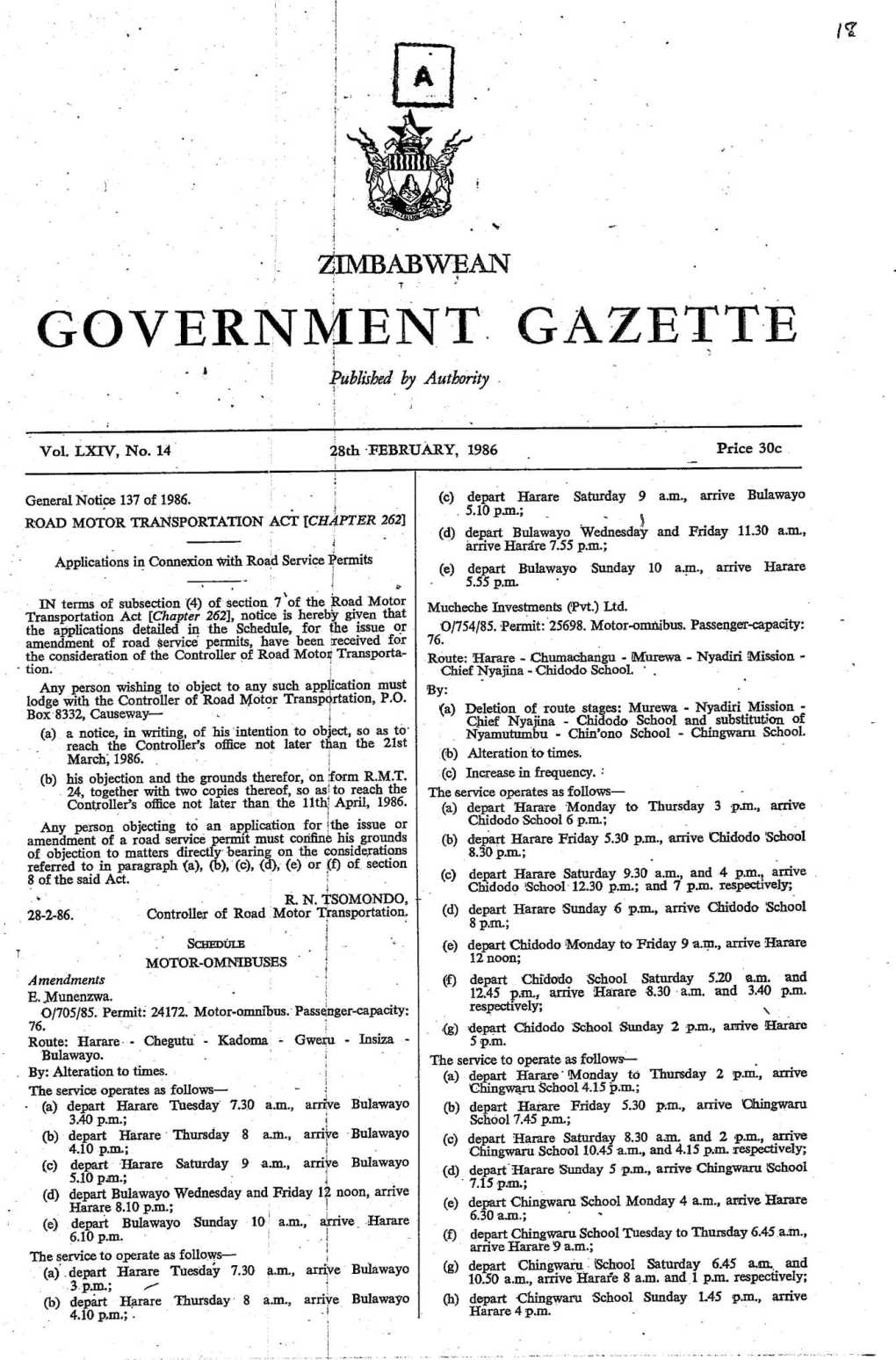 ZIMBABWEAN GOVERNMENTGAZETTE Published by Authority