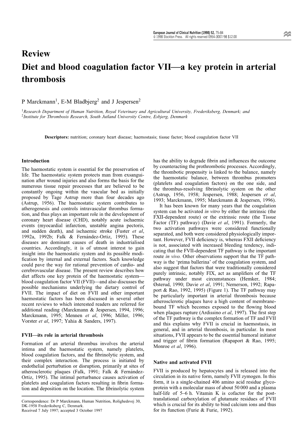 Review Diet and Blood Coagulation Factor VII–A Key Protein in Arterial
