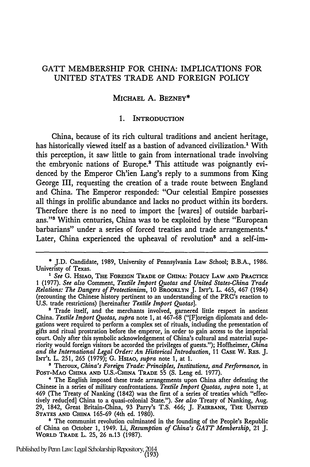 Gatt Membership for China: Implications for United States Trade and Foreign Policy