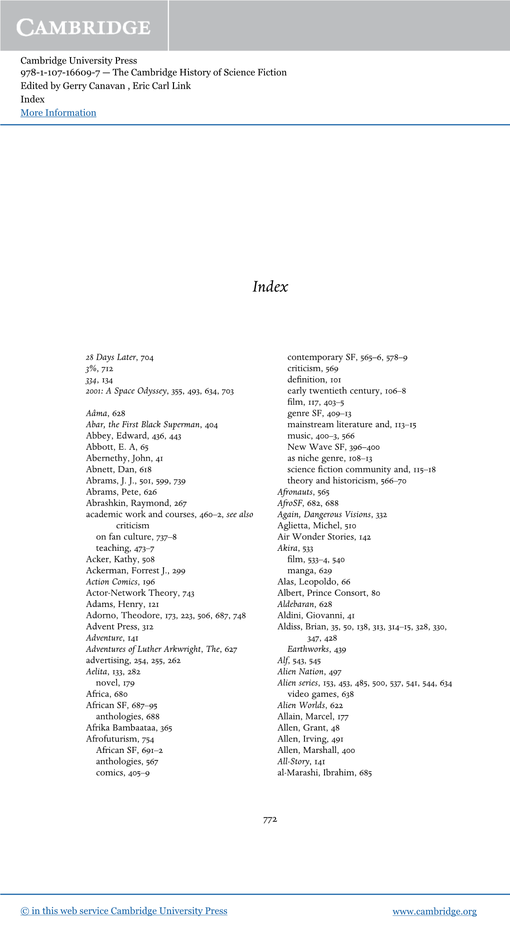 Cambridge University Press 978-1-107-16609-7 — the Cambridge History of Science Fiction Edited by Gerry Canavan , Eric Carl Link Index More Information