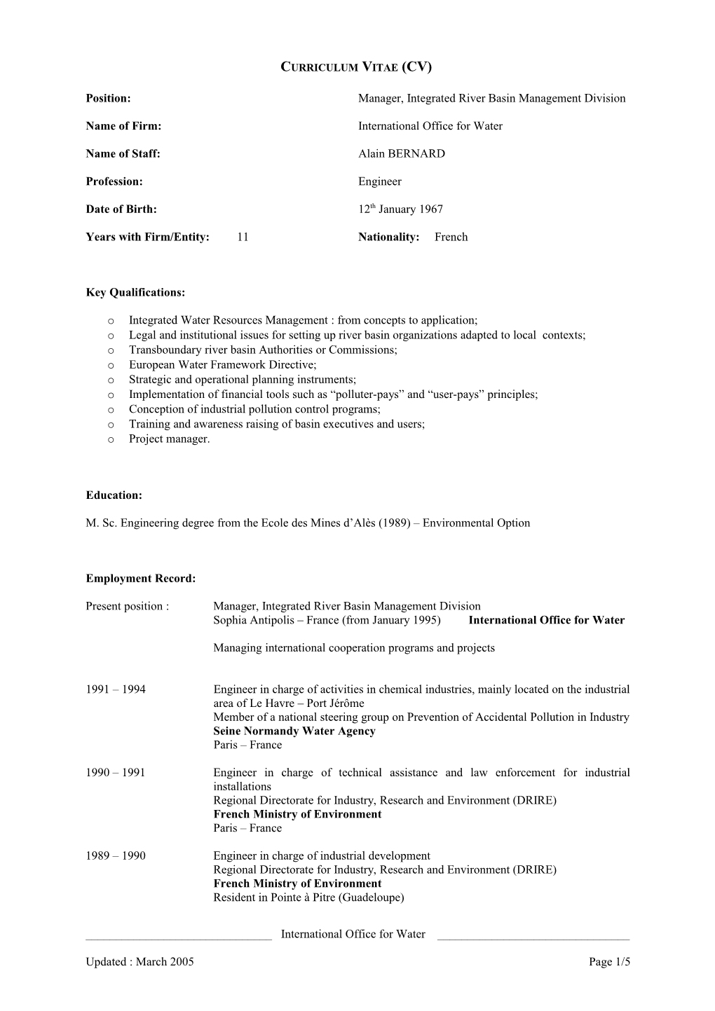 Format of Curriculum Vitae (Cv) for Proposed Professional Staff