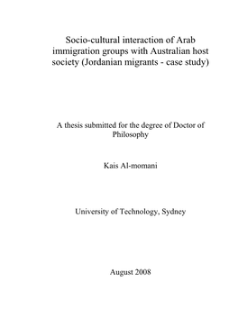 Socio-Cultural Interaction of Arab Immigration Groups with Australian Host Society (Jordanian Migrants - Case Study)