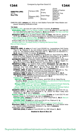 The Green Font Denotes Additional Information and Horses Retained by the Aga Khan Studs