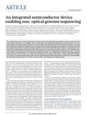 An Integrated Semiconductor Device Enabling Non-Optical Genome Sequencing