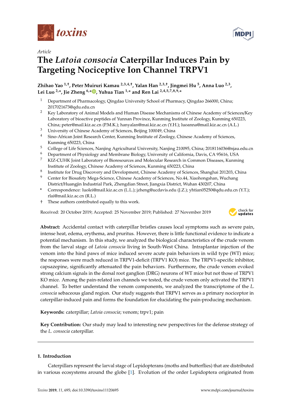 The Latoia Consocia Caterpillar Induces Pain by Targeting Nociceptive Ion Channel TRPV1