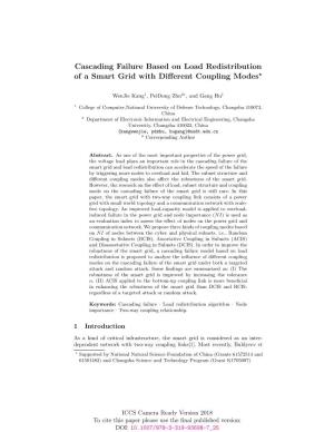Cascading Failure Based on Load Redistribution of a Smart Grid with Diﬀerent Coupling Modes?