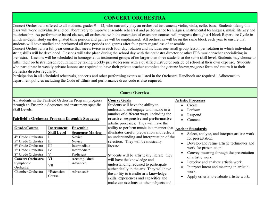 CONCERT ORCHESTRA Concert Orchestra Is Offered to All Students, Grades 9 – 12, Who Currently Play an Orchestral Instrument; Violin, Viola, Cello, Bass