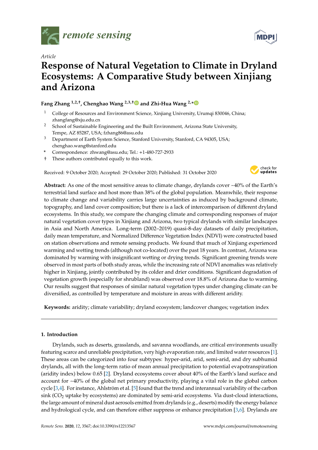 Response of Natural Vegetation to Climate in Dryland Ecosystems: a Comparative Study Between Xinjiang and Arizona