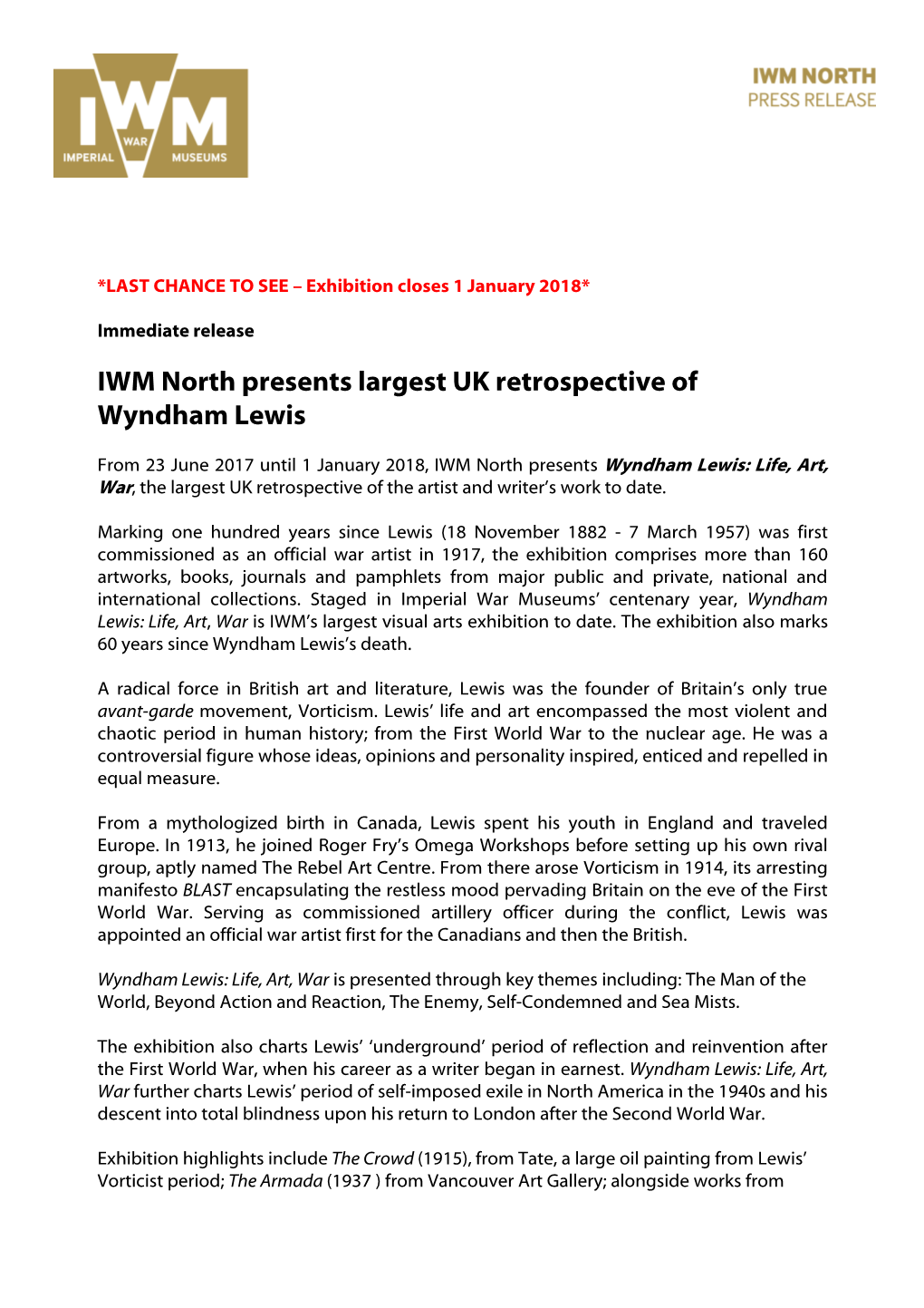 IWM North Presents Largest UK Retrospective of Wyndham Lewis