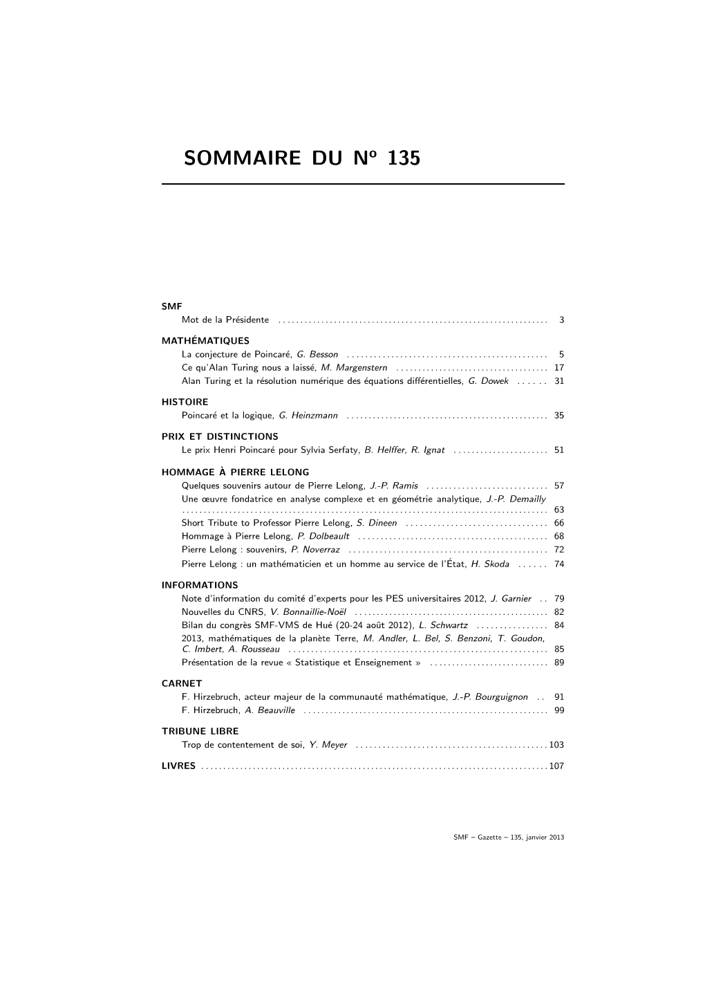 SOMMAIRE DU No 135