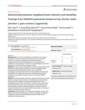 Relationship Between Neighbourhood Cohesion and Disability: Findings from SWADES Population-Based Survey, Kerala, India [Version 1; Peer Review: 2 Approved]