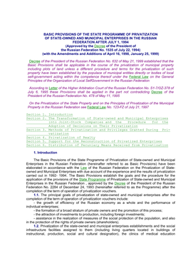 Basic Provisions of the State Programme of Privatization