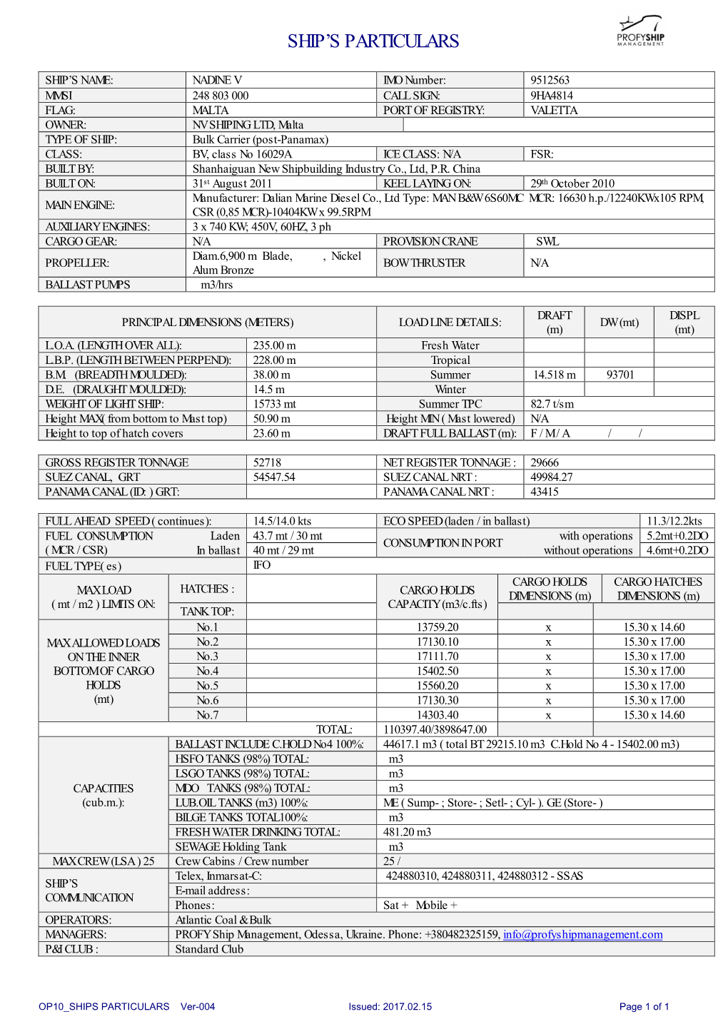 Ship's Particulars