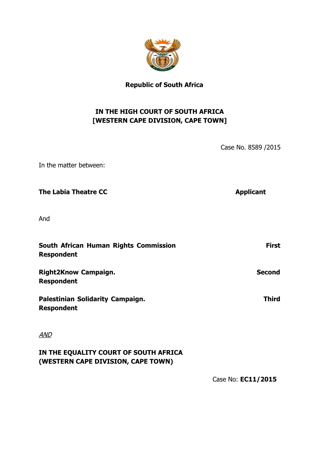 Republic of South Africa in the HIGH COURT of SOUTH