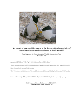 Are Signals of Prey Variability Present in the Demographic Characteristics of Crested Tern (Sterna Bergii) Populations in South Australia?