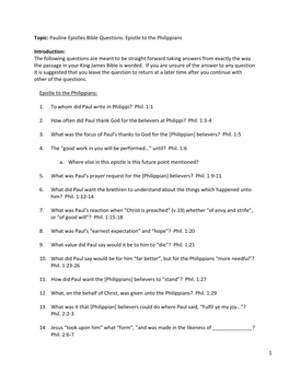 Pauline Epistles Bible Questions: Epistle to the Philippians