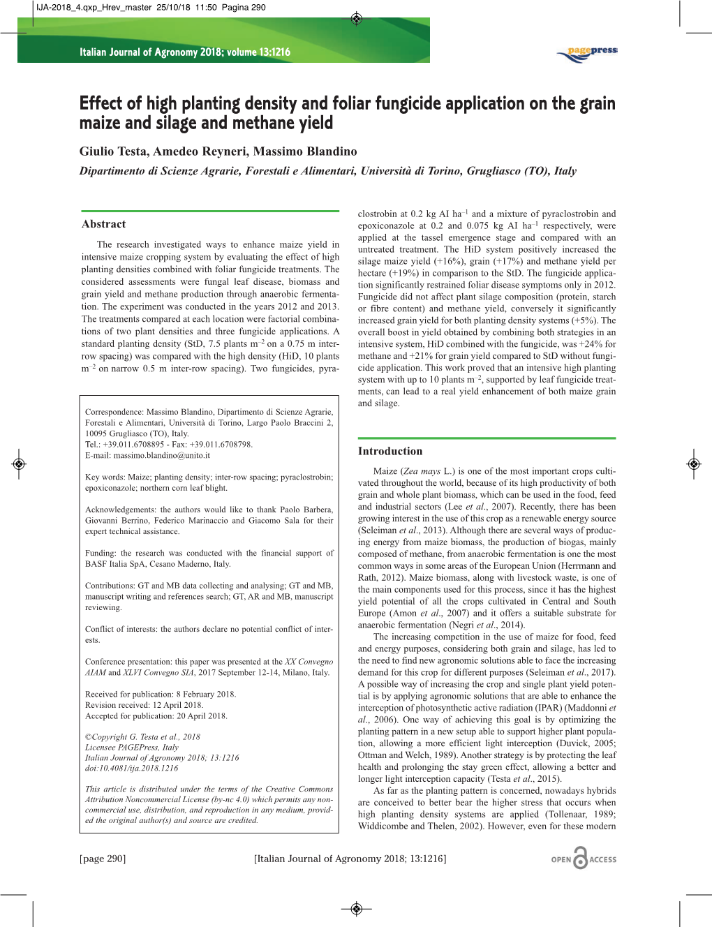 Effect of High Planting Density and Foliar Fungicide Application on the Grain Maize and Silage and Methane Yield