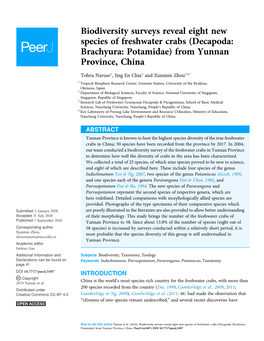 Biodiversity Surveys Reveal Eight New Species of Freshwater Crabs (Decapoda: Brachyura: Potamidae) from Yunnan Province, China