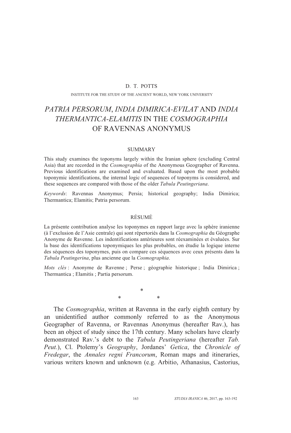 Patria Persorum, India Dimirica-Evilat and India Thermantica-Elamitis in the Cosmographia of Ravennas Anonymus