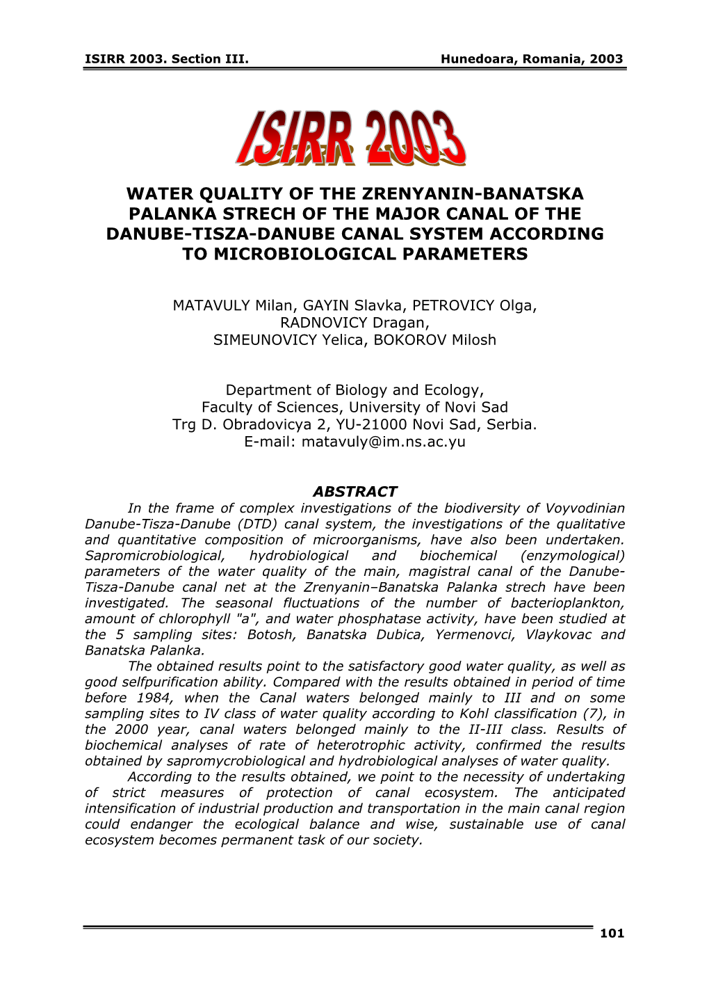 Water Quality of the Zrenyanin-Banatska Palanka Strech of the Major Canal of the Danube-Tisza-Danube Canal System According to Microbiological Parameters
