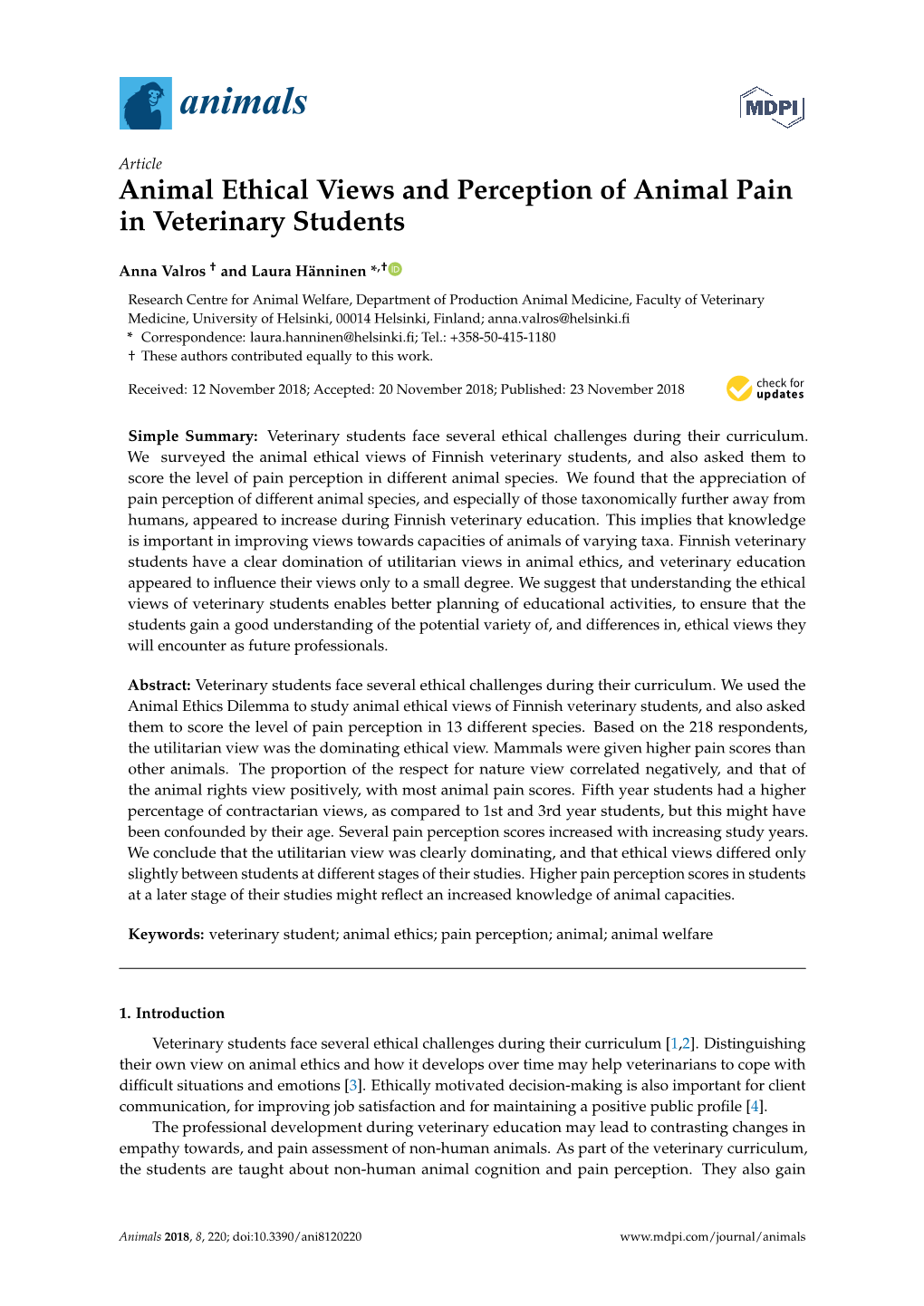 Animal Ethical Views and Perception of Animal Pain in Veterinary Students