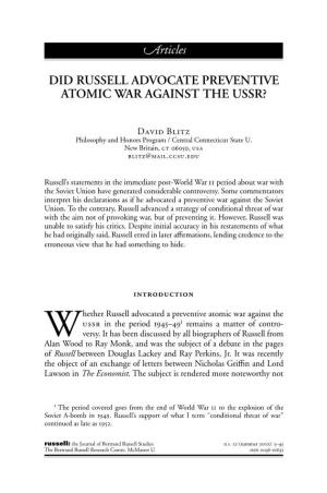 Did Russell Advocate Preventive Atomic War Against the Ussr?