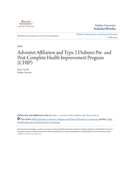 Adventist Affiliation and Type 2 Diabetes Pre- and Post-Complete Health Improvement Program (CHIP) Janie Unruh Walden University