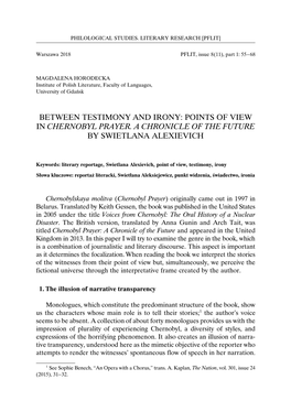 Between Testimony and Irony: Points of View in Chernobyl Prayer