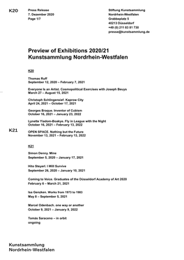 Preview of Exhibitions 2020/21 Kunstsammlung Nordrhein-Westfalen