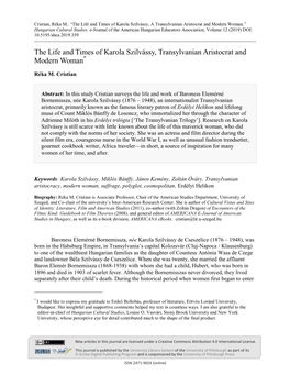 The Life and Times of Karola Szilvássy, Transylvanian Aristocrat and Modern Woman*