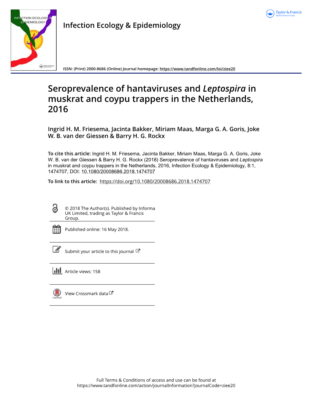 Seroprevalence of Hantaviruses and Leptospira in Muskrat and Coypu Trappers in the Netherlands, 2016