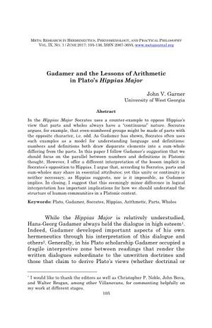 Gadamer and the Lessons of Arithmetic in Plato's Hippias Major