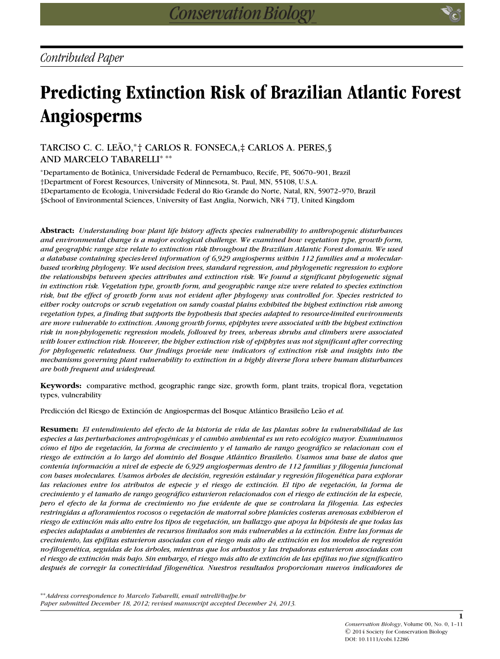 Predicting Extinction Risk of Brazilian Atlantic Forest Angiosperms