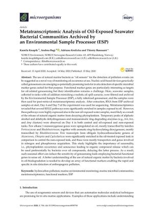 Metatranscriptomic Analysis of Oil-Exposed Seawater Bacterial Communities Archived by an Environmental Sample Processor (ESP)