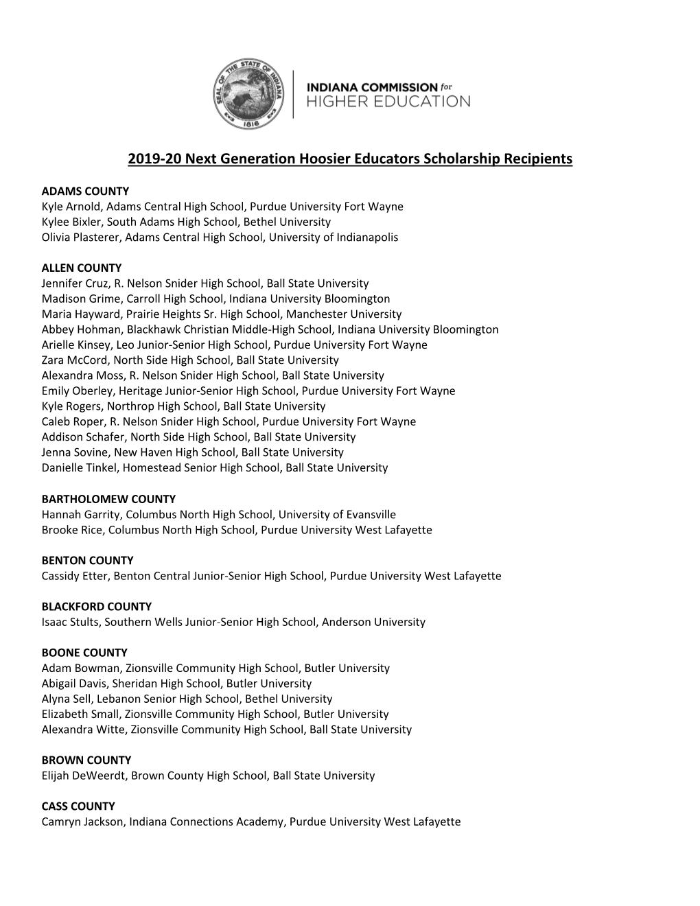 2019-20 Next Generation Hoosier Educators Scholarship Recipients