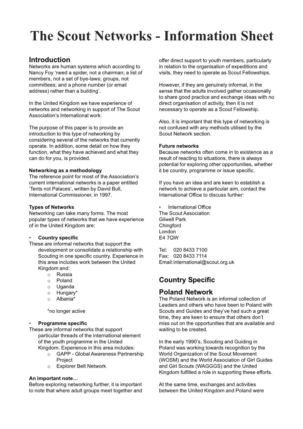 The Scout Networks - Information Sheet