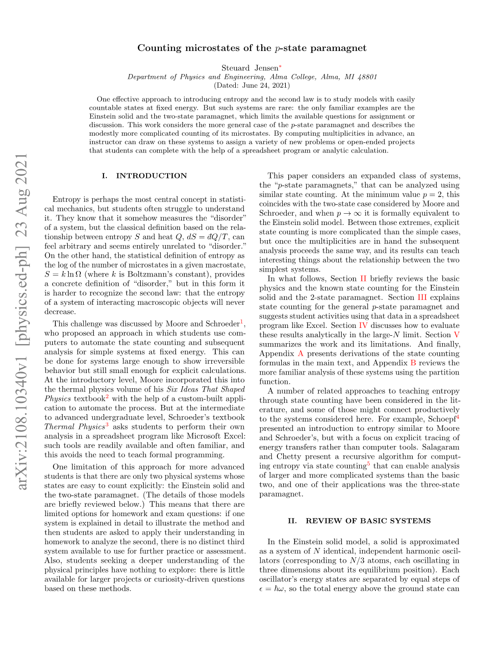 Arxiv:2108.10340V1 [Physics.Ed-Ph] 23 Aug 2021 the Two-State Paramagnet