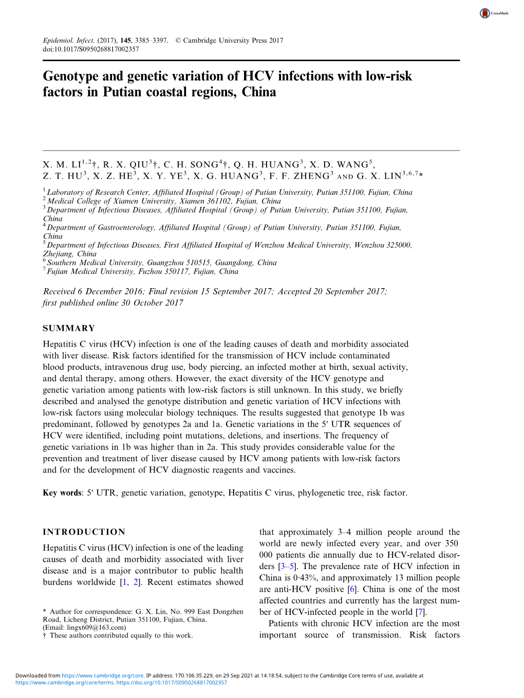 Genotype and Genetic Variation of HCV Infections with Low-Risk Factors in Putian Coastal Regions, China