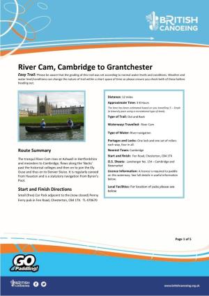 River Cam, Cambridge to Grantchester Easy Trail: Please Be Aware That the Grading of This Trail Was Set According to Normal Water Levels and Conditions
