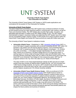 UNT System Or UNTS) Seeks Applications and Nominations for the Position of Vice Chancellor for Facilities