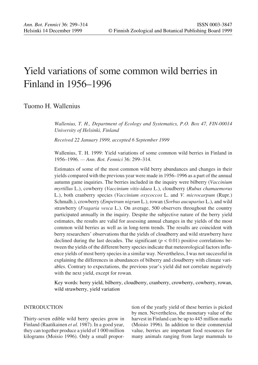Yield Variations of Some Common Wild Berries in Finland in 1956–1996