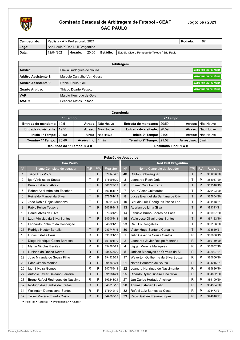 Comissão Estadual De Arbitragem De Futebol - CEAF Jogo: 56 / 2021 SÃO PAULO