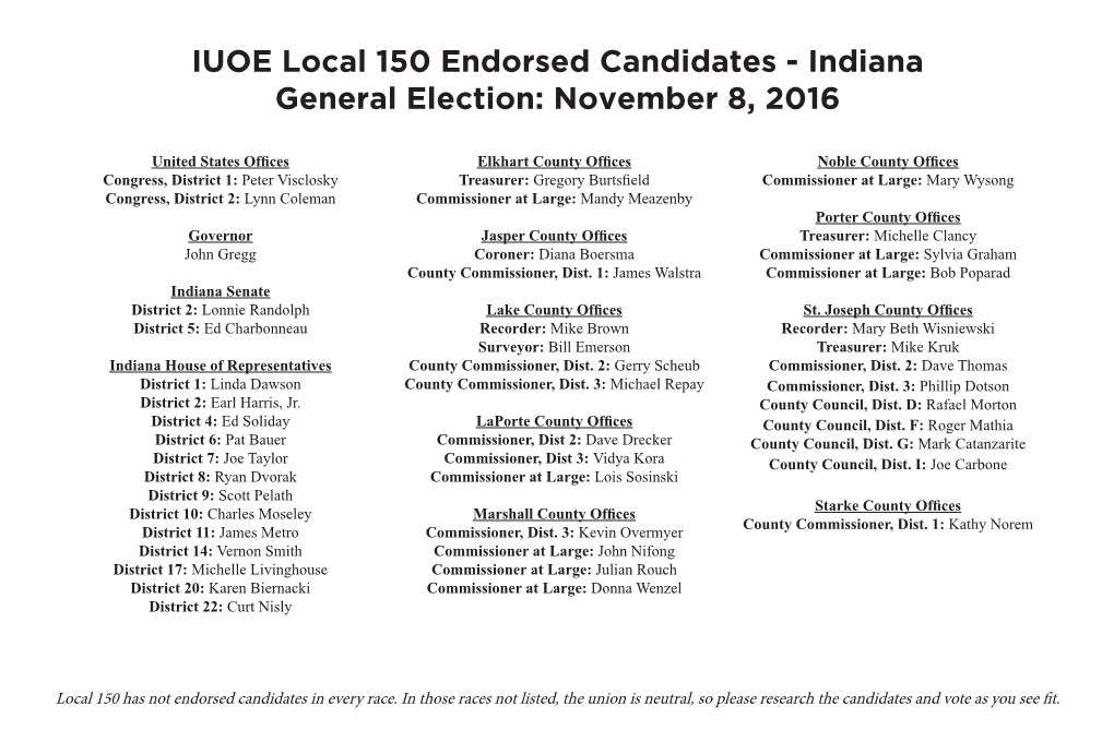 IUOE Local 150 Endorsed Candidates - Indiana General Election: November 8, 2016