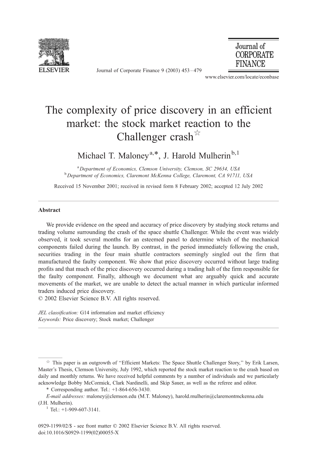 The Stock Market Reaction to the Challenger Crash$