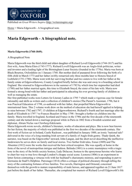 Maria Edgeworth - a Biographical Note