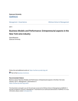 Business Models and Performance: Entrepreneurial Aspects in the New York Wine Industry