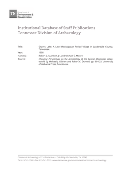 Institutional Database of Staff Publications Tennessee Division of Archaeology