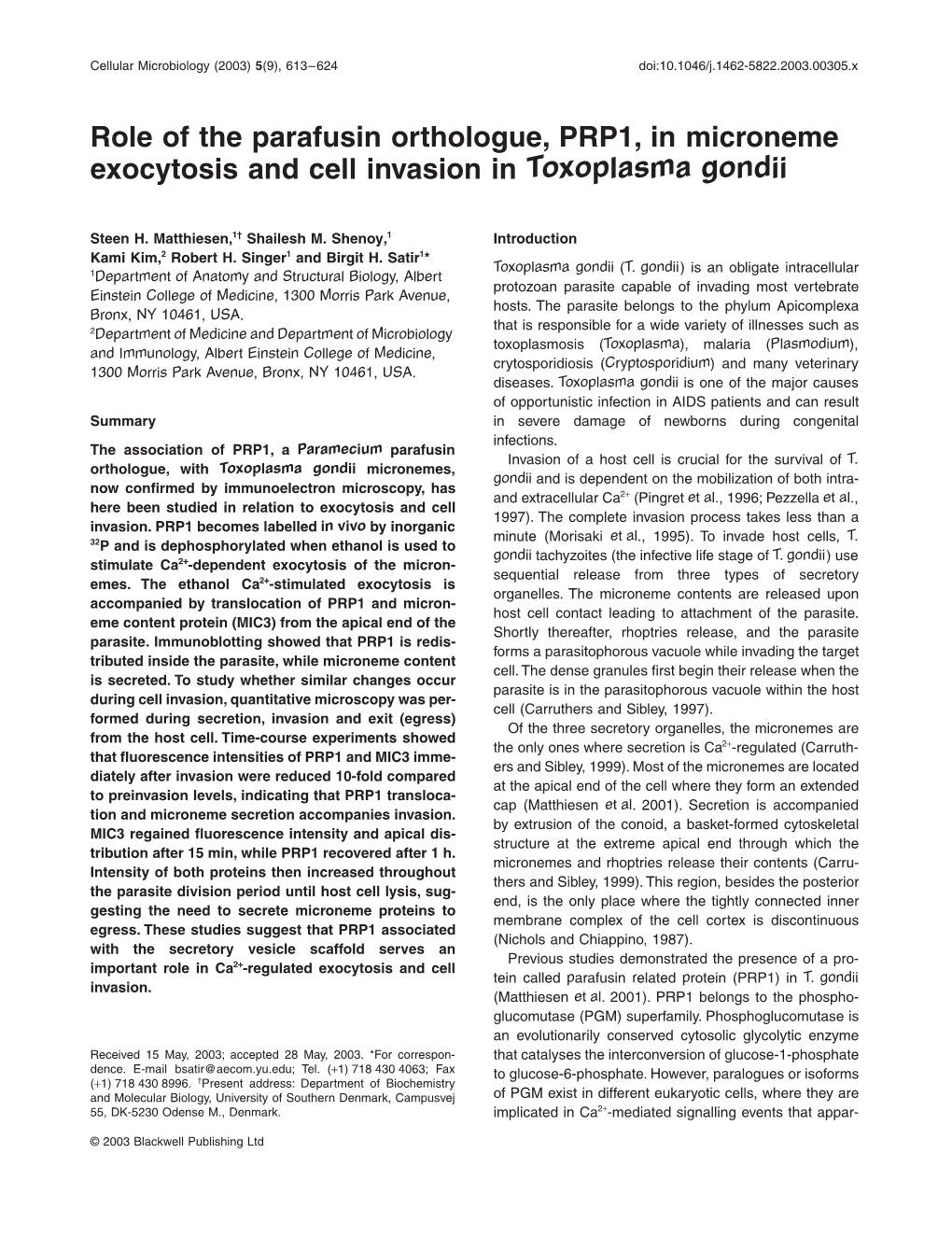 Role of the Parafusin Orthologue, PRP1, in Microneme Exocytosis and Cell Invasion in Toxoplasma Gondii